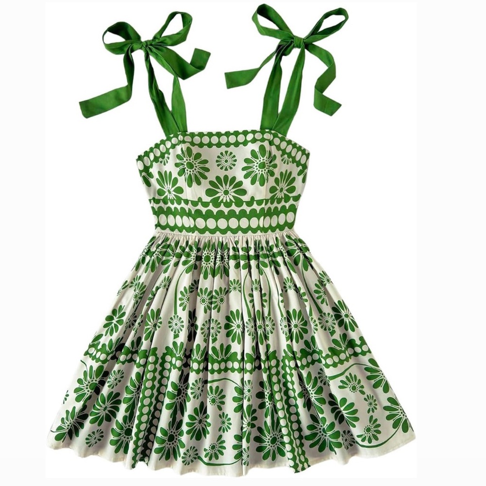 Shein Green Tie Shoulder Floral A Line Sundress